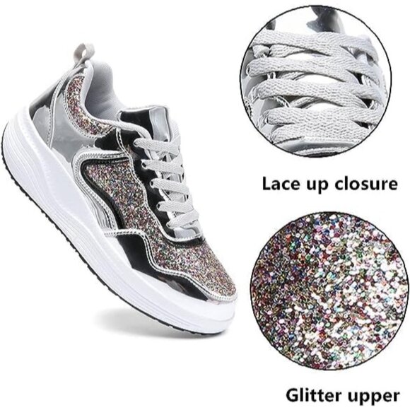 Kkdom Women's Silver Breathable Mesh Comfort Lightweight Wedge Platform Sneakers - Picture 3 of 6